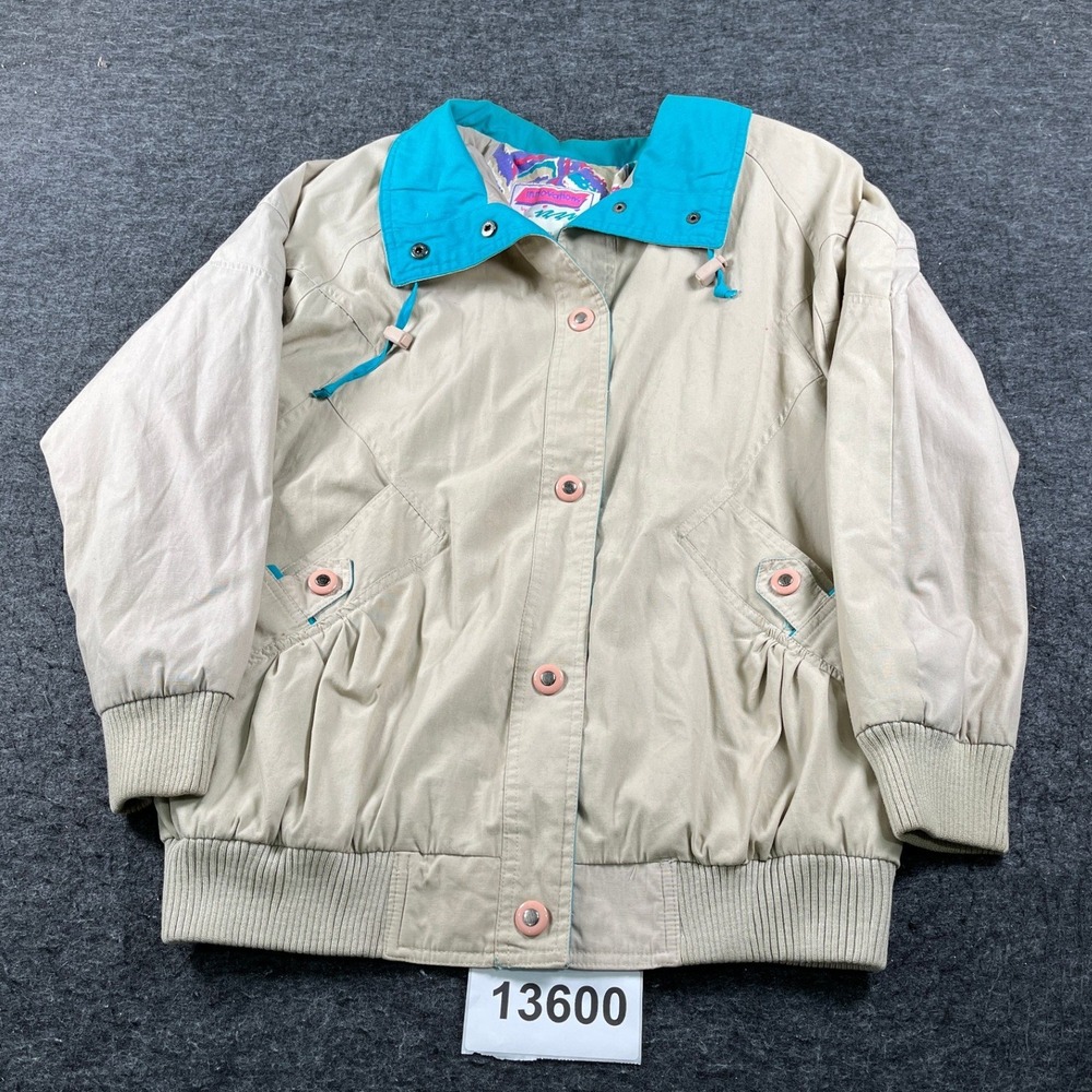 Innovations by Iggi Bomber Jacket Women S Tan Excellent Vintage 80s Teal Trim
